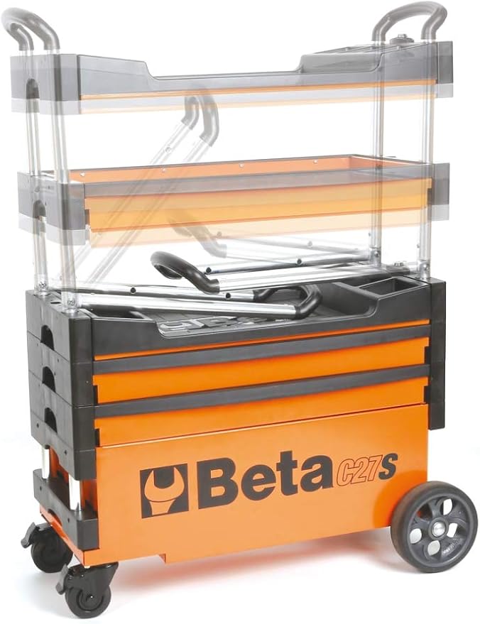 Beta C27S Collapsible Rolling Tool Cart | Heavy-Duty Mobile Metal Tool Trolley with Locking Drawers, 4” Steering Wheels, Brake System | Thermoplastic Worktop | Orange
