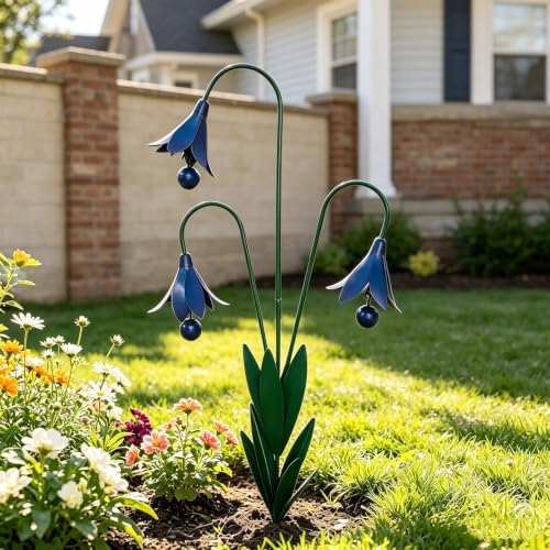 Triple Bluebells Garden Stake with Bell, Durable Metal Flower Outdoor Yard Decoration, Weather Resistant Rustic Handmade Metal Flower Garden Stake for Walkways Patios Lawn, Spring Pathway (Blue)