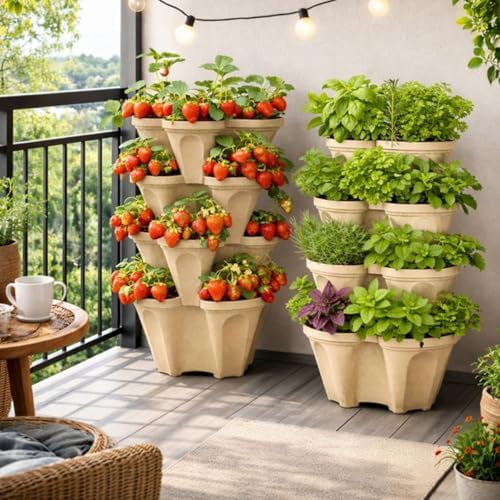 Large Vertical Planter Tower, 4 Tier Stackable Garden Planter, 28 Plant Sites, Heavy Duty Strawberry Planter, Vertical Growing System with Center Hole, Made in USA (Desert Sand)
