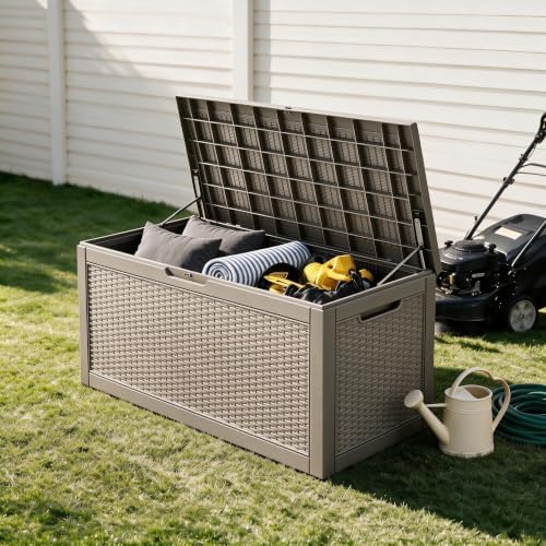 120 Gallon Deck Box,Lockable Outdoor Storage Box Gas Lift,Waterproof Grey