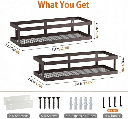 PUSDON 2-Pack Minimalist Shower Caddy Wall Mount, Open Frame Bathroom Shelf Organizer with Mesh Base, Rustproof Floating Spice Rack for Kitchen, Holds 50 LBS, 4 Hooks - Vintage Bronze, Guardrail