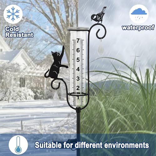 33" Solar Garden Rain Gauge - 7" Glass Tube for Outdoor Indoor Use, Patio Yard Decor Statue,Metal Cat & Bird Rain Gauge.