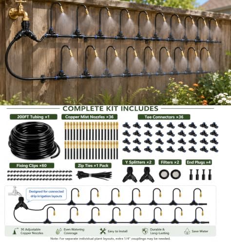 Drip Irrigation System 200FT 1/4", 36 Adjustable Copper Nozzles