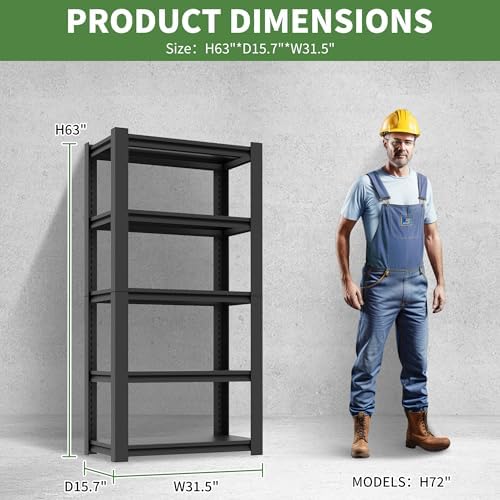 Garage Shelves, 63" H Garage Shelving Heavy Duty, 3000Lbs 5 Tier Adjustable Garage Storage Shelves Suitable for Warehouse, Basement, Workshop,Require Assembly, 15.75" D*31.5" W *63" H(Black)