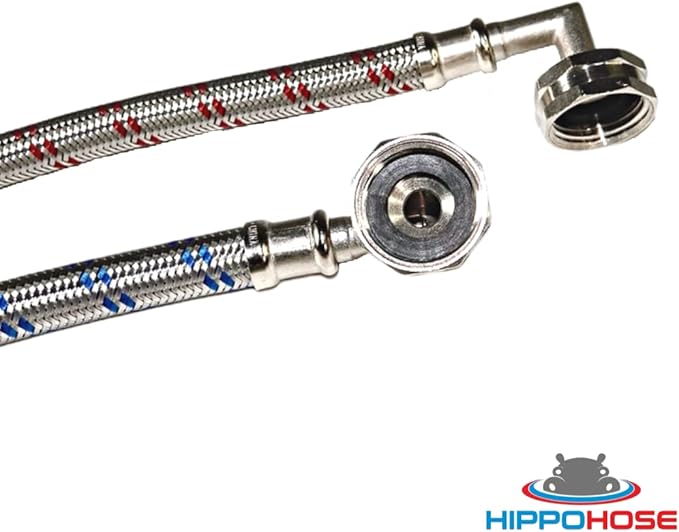 Washing Machine Hoses (8 FT) - Double 90° Elbow to Fit Tight Spaces - OCTAGON Connections for Easy & Secure Tightening - Burst Proof Water Supply Line (2 Pack) - Universal Fit to All Wash Machines