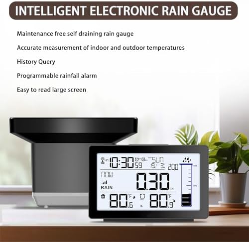 Wireless Rain Gauge Outdoor, Self-Emptying Digital Rain Gauges Outdoors Best Rated, Electronic Rain Measure Gauge for Yard, Freeze Proof Rain Gauge with Thermometer, Remote Rain Meter for Garden