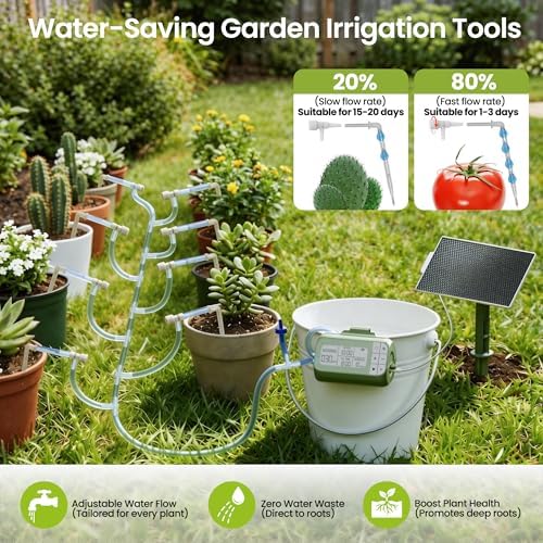 Solar Drip Irrigation System Timed Watering, Programmable Solar Water Drip for 15 Plants, Drip Irrigation Kit with 33FT 1/4'' Tube, 15x Tee Fitting, 15x Flow Valve, 15x Drip Stake(Solar Powered)