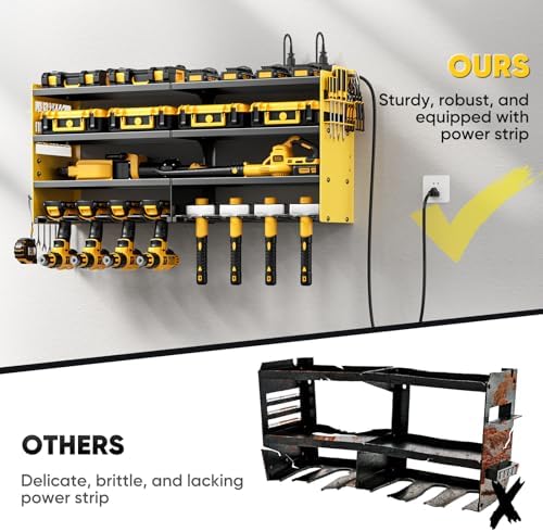POKIPO Large Power Tool Organizer Wall Mount with Charging Station,4 Layer Heavy Duty Metal Storage Rack Loads 600lbs with 8 Cordless Drill Holder,Battery Utility Rack Gift for Garage workshops Room