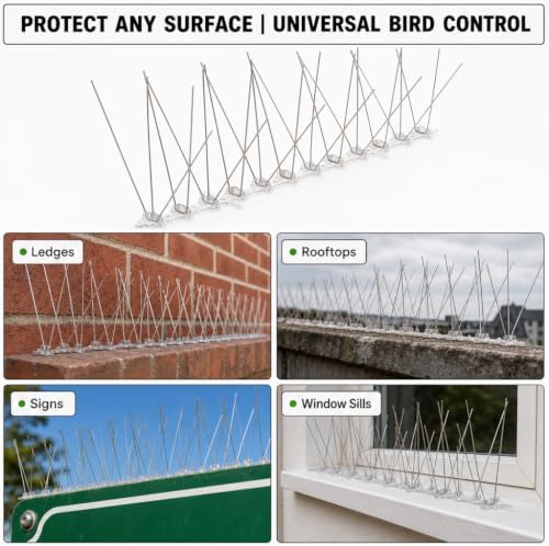 Bird-X Stainless Steel Bird Spikes, 8-inch Extra-Wide Spikes, Bird Spikes for Pigeons and Other Small Birds, Easy to Install, Contains 2 ft. Strips, Covers 10 Linear Feet Area, EWS-10