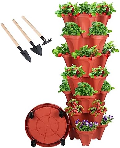 GameXcel Vertical Planter Tower - 7 Tier Stackable Garden Planters with Wheels and Tools Plant Pots for Strawberry Herb Flower and Vegetable Indoor Outdoor Use Red