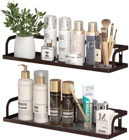 PUSDON 2-Pack 16.5" Extra Long Slim Hollowout Shower Caddy, Wall Mount Spice Rack & Bathroom Organizer, Mesh Bottom Cabinet Door Shelf Holds 50LBS - Vintage Bronze, Hollowout
