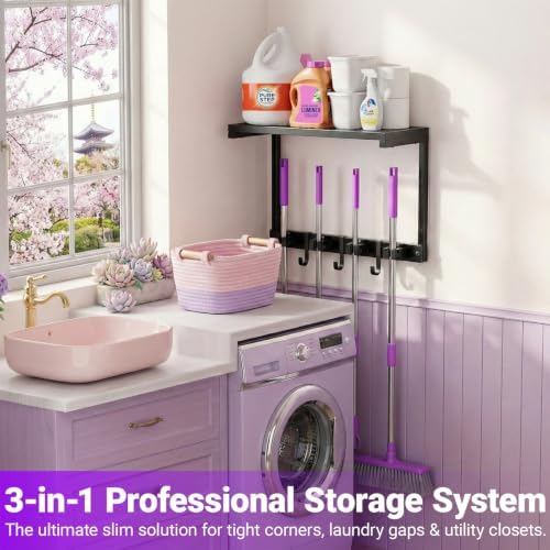 Heavy Duty Broom Holder Wall Mount, All-Metal Mop Rack with Storage Shelves