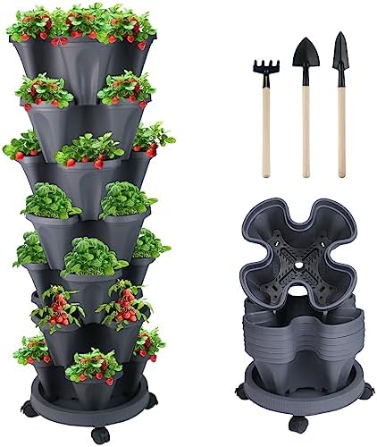 DUNCHATY Stackable Planter, Vertical Garden Planter with Wheels and Tools, Self Watering Strawberry Planter Indoor/Outdoor 7 Tier Herb Planter Pots for Growing Vegetables and Succulents, Dark Gray