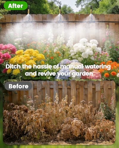 120FT Drip Irrigation System for Garden with 18 Nozzles –360° Adjustable Misting Nozzles, Quick-Connect Design, Ideal for Raised Beds, Lawns, Greenhouses & Outdoor Cooling