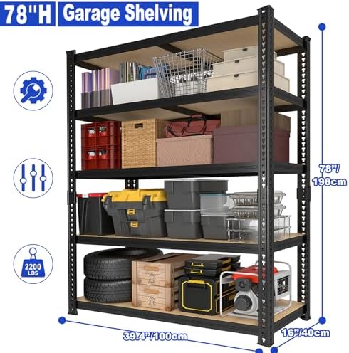 78'' H Garage Storage Shelves, Shelving Units and Storage, Heavy Duty Garage Shelving, Metal Shelves for Basement, Warehouse, Pantry, Kitchen, 78''H x 40''W x 16''D, 2200 LBS