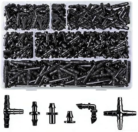 Dianrui 220 PCS Drip Irrigation Kit, Drip Irrigation Parts 1/4'' Tubing Fittings Kit for Garden Lawn Flower Sprinkler Systems-End Plug/ 4-Way Connector/Single barbs/Straight Barbs/Oblique Barbed Tees