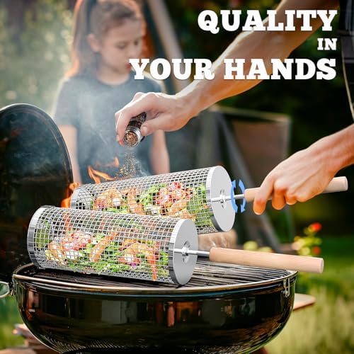 ivtivfu Rolling Grill Basket, Removable Wooden Handle, Nesting BBQ Tools