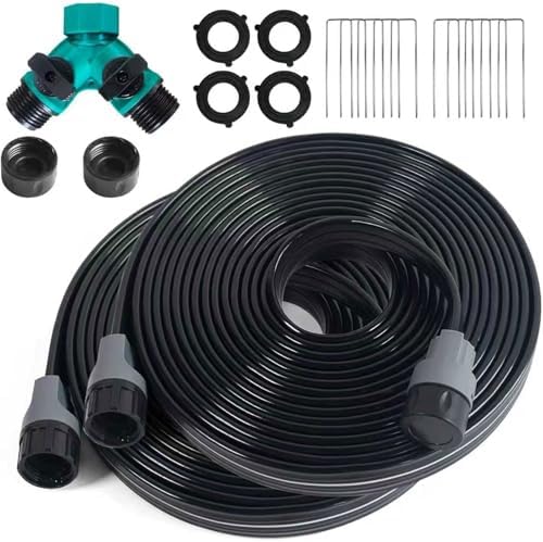 Sprinkler Hose with Holes, Flat Soaker Hoses 50 ft (25 ft 2pack) with Garden Staples and Splitters, PVC Drip Line Irrigation Watering Hoses for Lawn,Garden Beds (50 ft)