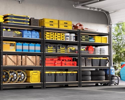 5-Tier Metal Storage Shelves: Heavy Duty Garage Shelving Adjustable Shelves for Storage - Black Utility Rack Shelf for Pantry, Warehouse, Office, Kitchen, 28" W x 12" D x 59" H, 2PCS