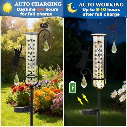 33" Solar Garden Rain Gauge - 7" Glass Tube for Outdoor Indoor Use, Patio Yard Decor Statue,Metal Cat & Bird Rain Gauge.