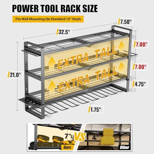 MOOMSINE Large Power Tool Organizer Wall Mount for Garage, 4-Tier Heavy Duty Metal Storage Rack Loads 400lbs, Battery Tools Hanger with 8 Cordless Drill Holders for Workshop, Pegboard, Shed
