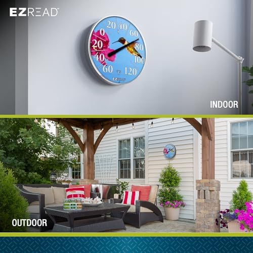 Headwind Consumer Products EZREAD Hanging Dial Thermometer - Weather Thermometers for Indoor and Outdoor Use, Large 12.5 Inch Diameter, Easy-to-Read Numbers, Hummingbird
