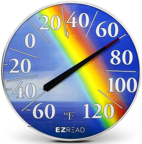 EZREAD Hanging Dial Thermometer 840-1220 Weather Thermometers for Indoor and Outdoor Use, Large 12.5 Inch Diameter, Easy to Read Numbers, Rainbow, Blue/Red/Yellow