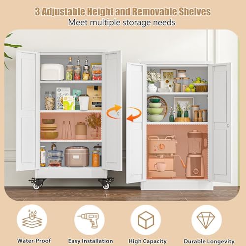 47" H Metal Pantry Storage Locker Cabinet with Wheels,Rolling Kitchen Pantry Cabinet with 2 Doors and 3 Adjustable Shelves, Lockable Steel Garage Tool Cabinet Organization for Home,Gym,School,White