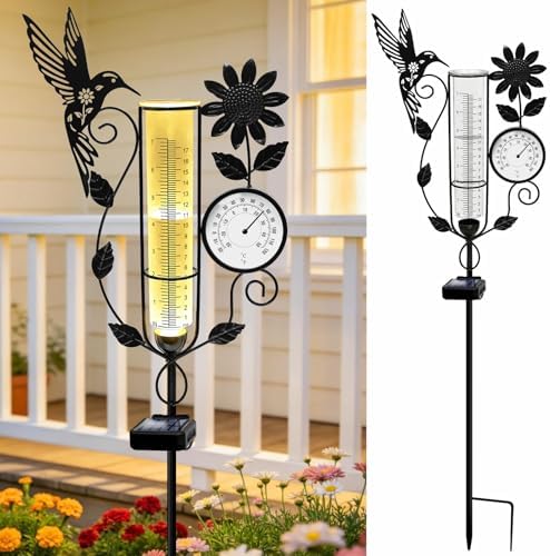 Metal Hummingbird Solar Rain Gauge Outdoor with LED Light and Thermometer