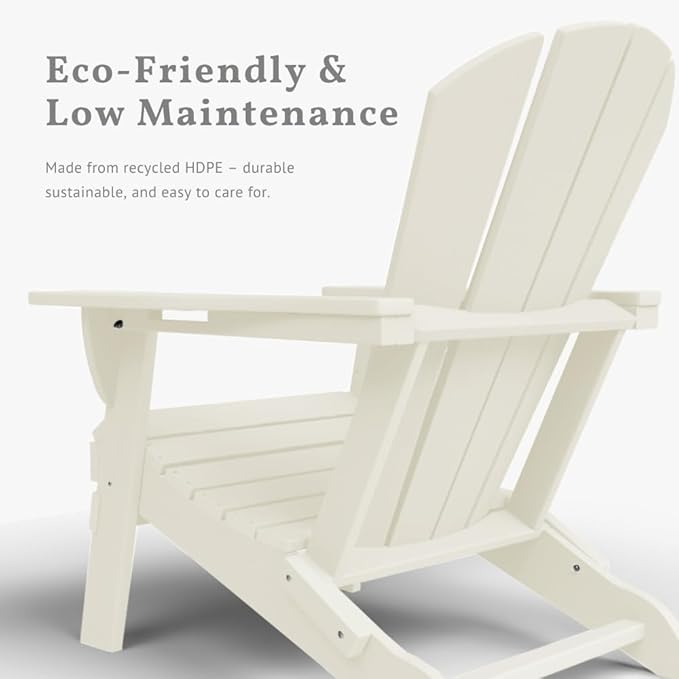 Folding Adirondack Chair with Cup Holders Set of 2, HDPE Plastic Outdoor Chairs, Weather Resistant, Real Wood Look for Patio, Deck, Fire Pit, Backyard, White