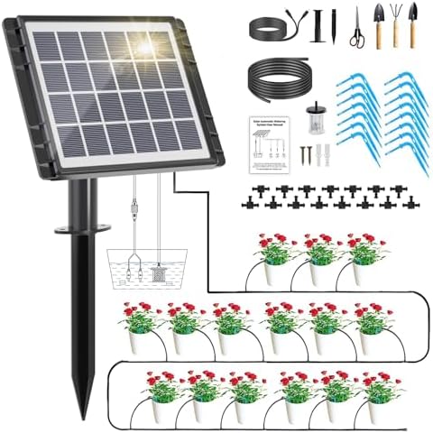 49FT Solar Drip Irrigation System Kit, Auto Watering for 15 Pots