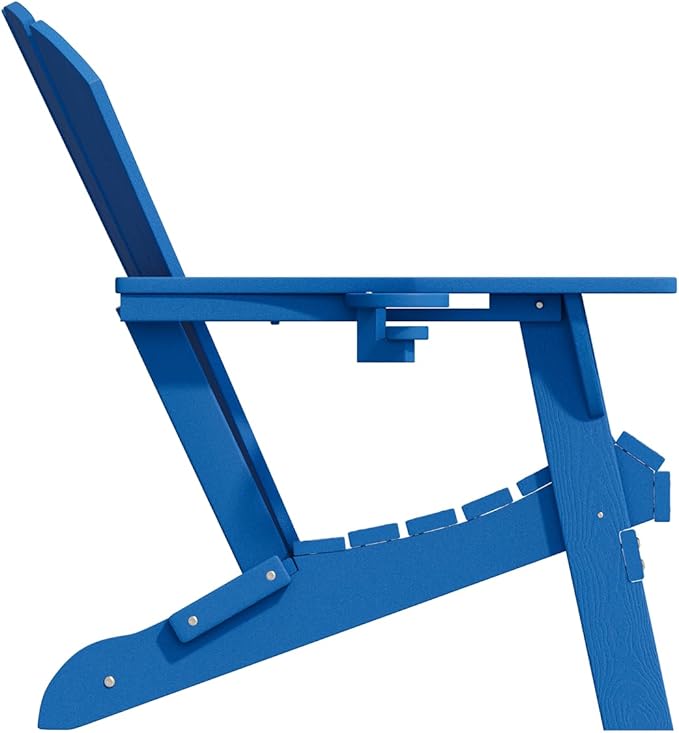 Folding Adirondack Chair with Cup Holders, HDPE Plastic Outdoor Chairs, Weather Resistant, Real Wood Look for Patio, Deck, Fire Pit, Backyard, Blue