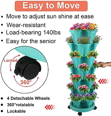 DUNCHATY Stackable Planter, Vertical Garden Planter with Wheels and Tools, Self Watering Strawberry Planter Indoor/Outdoor 7 Tier Herb Planter Pots for Growing Vegetables and Succulents, Teal