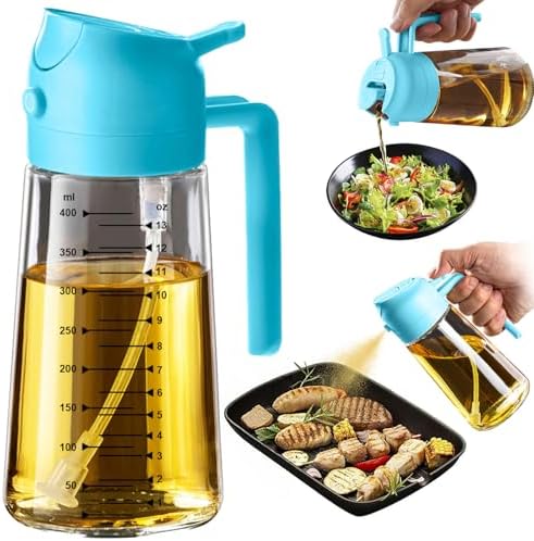 TrendPlain 16oz/470ml Glass Olive Oil Sprayer for Cooking – 2 in 1 Olive Oil Dispenser Bottle for Kitchen Gadgets and Air Fryer Accessories, Salad, BBQ - Sky Blue