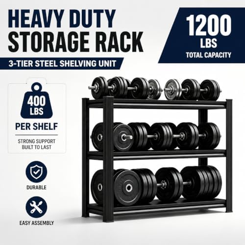 Garage Shelving Heavy Duty Shelving Unit, 1200 LBS 3-Tier Adjustable Boltless Storage Rack, Organizer for Garage Warehouse Kitchen Basement Workshop Household Supplies, 31.5"H x 31.5"W x 13.8"D, Black