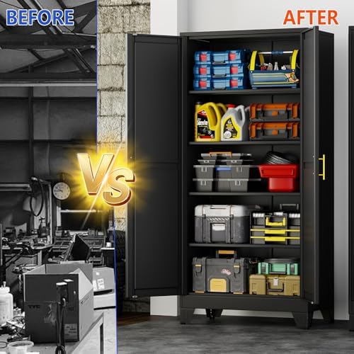 GAIOUS 71''Tall Metal Garage Storage Cabinet,File Cabinet with Door and Adjustable Shelves, Outdoor Steel Tool Cabinet for Home,Office,Warehouse,Garage,Black