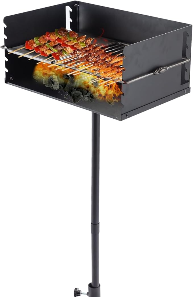 Park-Style Charcoal Grill Heavy Duty Steel Outdoor BBQ Grill with Grate and Single Post Outdoor Cooking Backyard Barbecues Camp Grilling 25x17x11 Inch