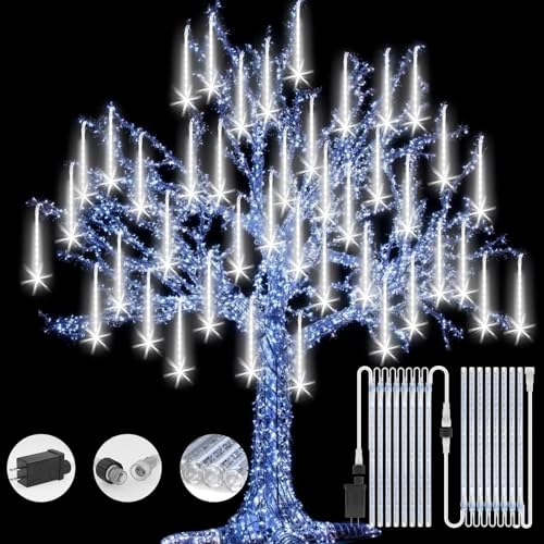 Meteor Shower Rain Lights with 16 Tubes 384 LEDs Waterproof Icicle Snow Fall String Lights for Party Tree Home Patio Outdoor Decoration (16 Tubes, White)