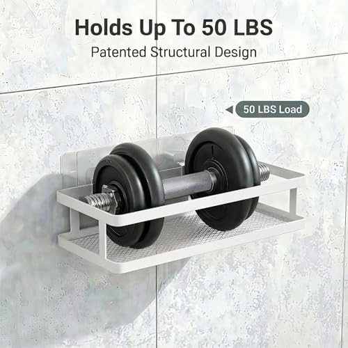 PUSDON 2-Pack Minimalist Shower Caddy Wall Mount, Open Frame Bathroom Shelf Organizer with Mesh Base, Rustproof Floating Spice Rack for Kitchen, Holds 50 LBS, 4 Hooks - White, Guardrail
