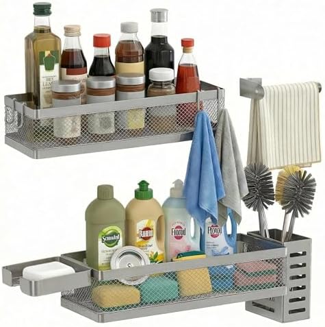 PUSDON 5-in-1 Wide Wall Mount Wrapped Mesh Kitchen Organizer & Shower Caddy Kit, with Paper Towel Holder, Utensil Holder, Soap Dish, Heavy Duty 50LBS - Silver Gray, Netting
