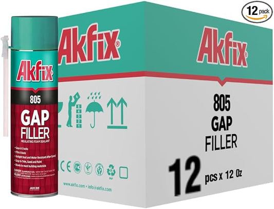 Akfix 805 Gap Filler Polyurethane Expanding Foam Sealant (12x12 Oz.)- Gaps and Cracks Spray Insulation Can, Waterproof Sealant with Straw for Window and Door | 12 Oz. 12 Pack