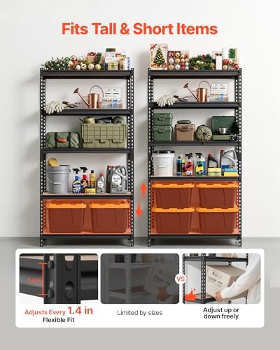 VEVOR Storage Shelves, 5-Tier Adjustable, 2000 lbs Capacity, Heavy Duty Garage Storage Shelving Unit, Metal Utility Rack Shelf, for Garage Warehouse Basement Kitchen, 36.34" W x 16.34" D x 71.38" H