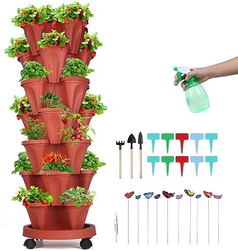 GameXcel Vertical Planter Tower - 7 Tier Stackable Garden Planters with Wheels and Garden Tool Set Plant Pots for Strawberry Herb Flower and Vegetable Indoor Outdoor Use Red