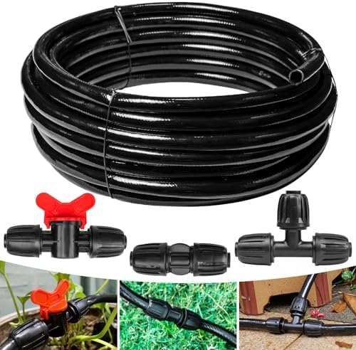 Maotong 40 FT 1/2 inch Drip Irrigation Irrigation kit Main Line Supply Hose Tube for Garden Irrigation System (Includes 1/2"" Straight Connector, 3-Way Connector, Switch Valve), Black