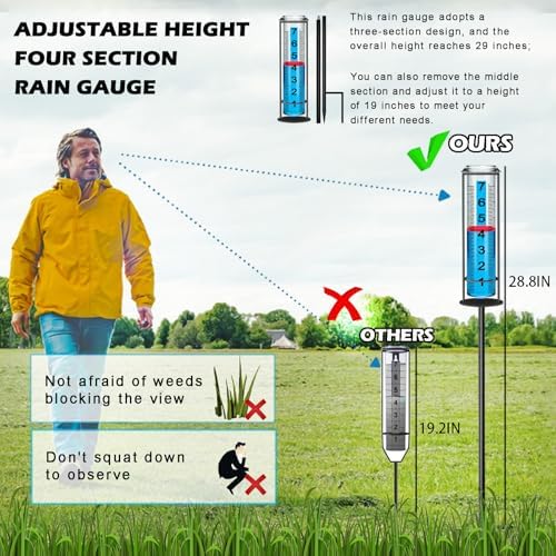 Rain Gauge Outdoor, Upgraded Rain Gauges Outdoors Best Rated,Accurate Rain Measure Gauge for Yard,Adjustable Height Rainfall Meter,Rain Gauge Outdoor Freeze Proof,Rain Measuring Tool,Easy to Read