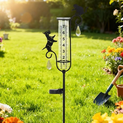 33" Solar Garden Rain Gauge - 7" Glass Tube for Outdoor Indoor Use, Patio Yard Decor Statue,Metal Dog & Cat Rain Gauge.