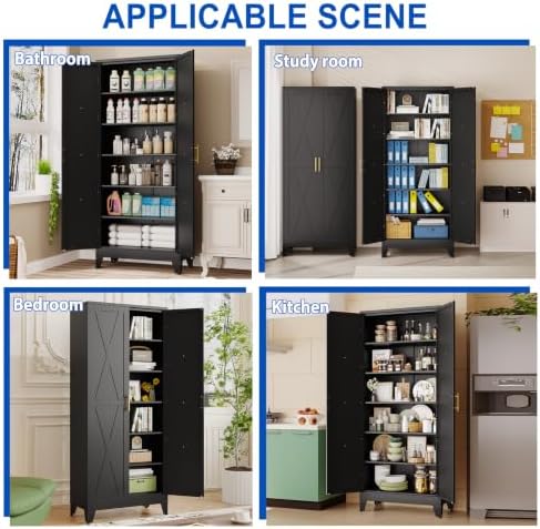 75" Metal Kitchen Pantry Storage Cabinet with 2 Doors and 5 Adjustable Shelves,Black Farmhouse Pantry Cabinet,Steel Garage Tool Cabinet Freestanding Cupboard for Kitchen,Dinning Living Room