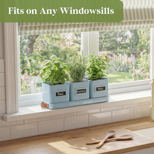 PERFNIQUE Indoor Herb Garden, Herb Garden Planter Set with Tray, Farmhouse Indoor Plant Pots, Windowsill Herb Garden with Drainage(Planter only) for Indoor/Outdoor, Window Pots(Sky Blue)