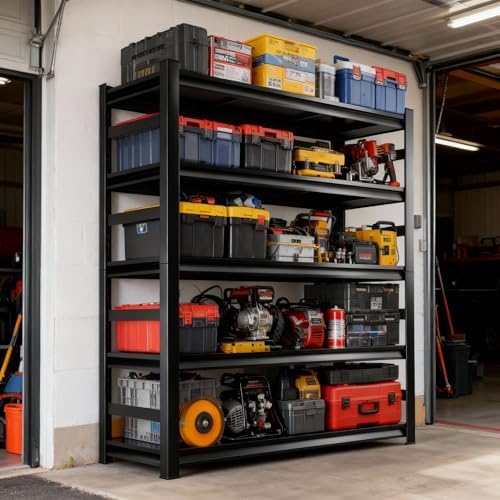 Metal Garage Shelving Unit, Heavy Duty 5-Tier Adjustable Storage shelves, Steel Shelving, 3000 lbs Capacity, Industrial Shelves for Heavy Tools and Equipment, Ideal for Garage, Basement, Black, 72"