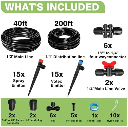 Maotong 240FT Drip Irrigation System Kit New Quick-Connect, Automatic Garden Watering Misting System for Greenhouse, Yard, Lawn, Plant with 1/2 inch Hose 1/4 inch Distribution Tubing and Accessories